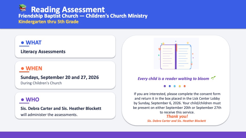 Reading Assessment Friendship Baptist Church